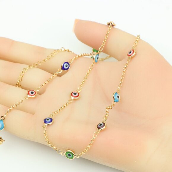 Rose Gold Evil Eye Necklace with Multicolor Enamel Beads, XPNL0390 - Picture 4 of 9